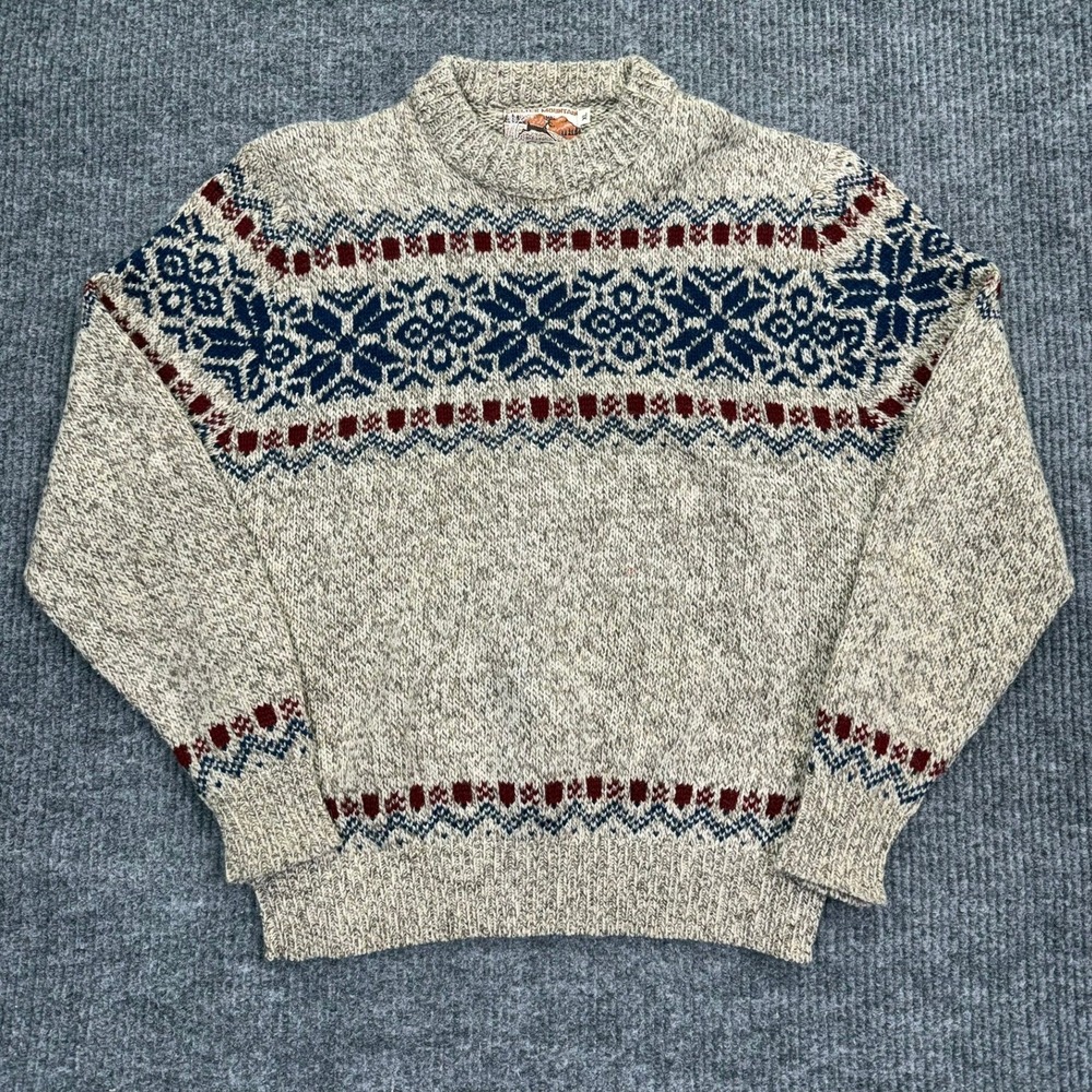 Shelter Mountain Mens XL Wool Blend Fair Isle Snowflake Sweater Oatmeal Vintage